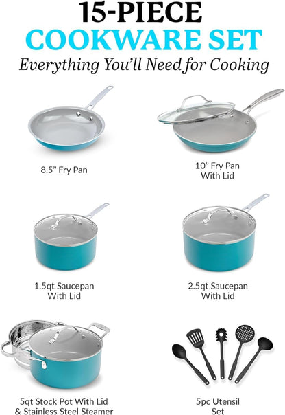 15 Pc Ceramic Cookware Set, Ceramic Pots and Pans Set Non Stick with Cooking Utensils and Steamer, Non Toxic PFOA PFOS Free, Premium Stay Cool Handles, Oven & Dishwasher Safe, Blue2