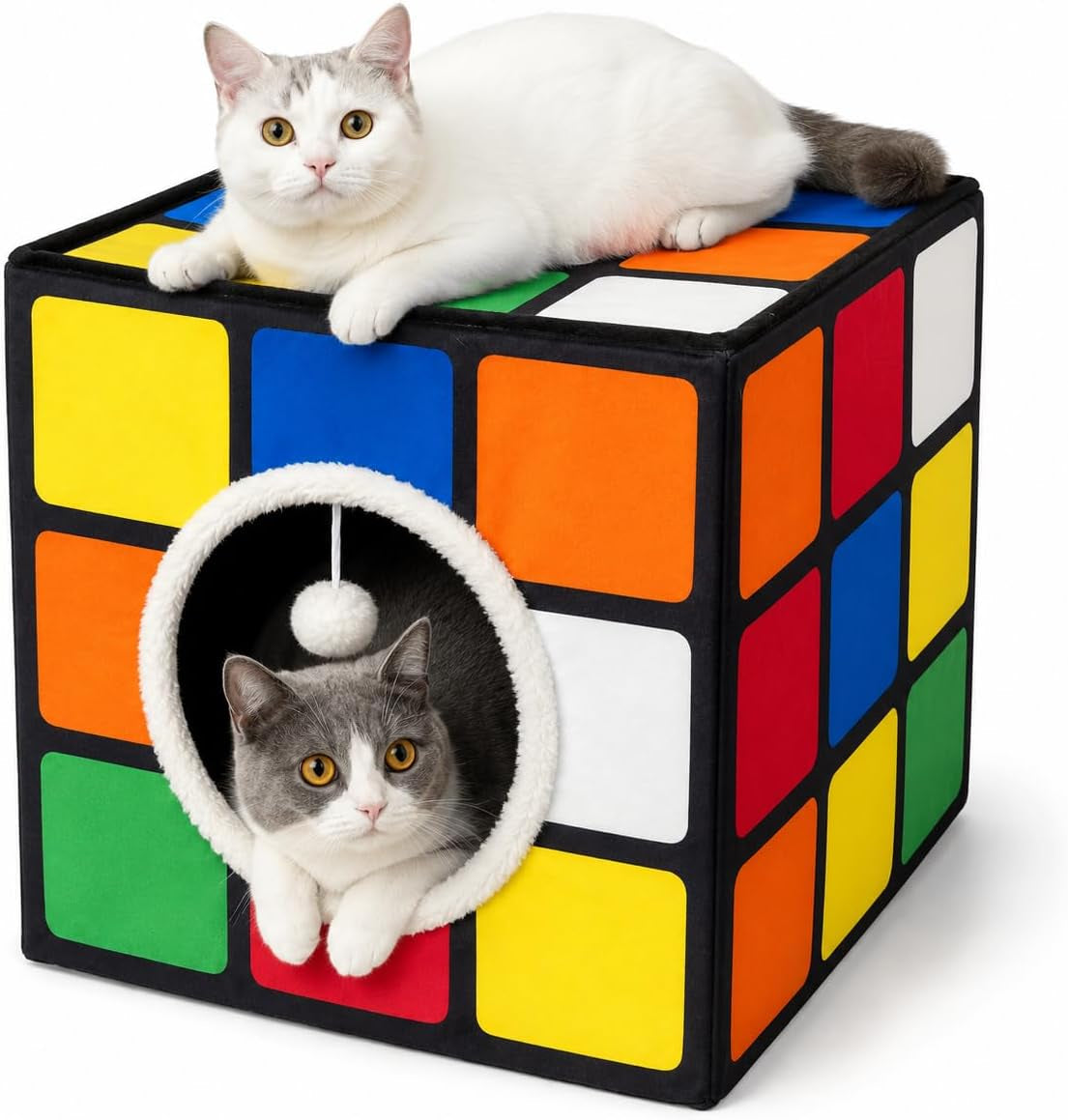 cat-condo-house-with-reversible-cushions-and-fluffy-ball-hanging-foldable-magic-cube-large-cave-bed-for-indoor-cats-unique-puzzle-shape-lagre-16-5-x-16-5-x-16-5
