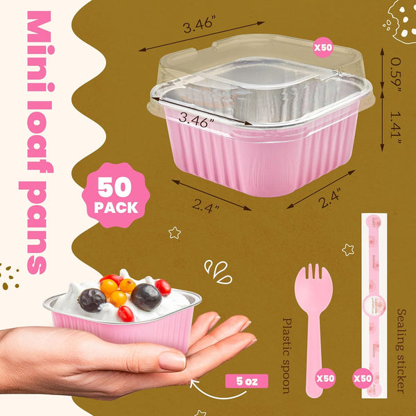 Mini Cake Pans with Lids, 50 Pack Pink 5Oz for Picnic Desserts | Good for Fudge, Gelatin Desserts, Baked Custard and Cold Treats; Clear Top Helps Buyers See the Finished Look.5