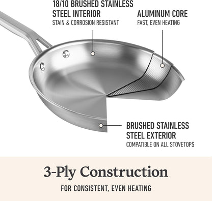 Calphalon Brushed 3-Ply Stainless Steel Cookware Set W/Turbo Heat Tech 10-Piece Set Includes Frying Pans, Pots and Pans Set, Induction, Oven Safe 450F, Brushed Stainless Silver3
