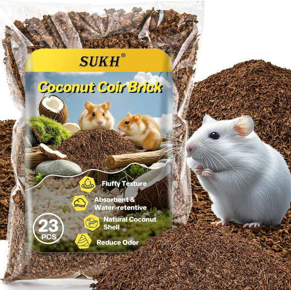 Sukh Coco Coir Hamster Bedding - Coconut Fiber Substrate for Burrowing Pets | Small Animal Litter with Odor Control for Syrian Dwarf Hamsters, Gerbils, Degus, Reptiles and Cage Habitat Enrichment1