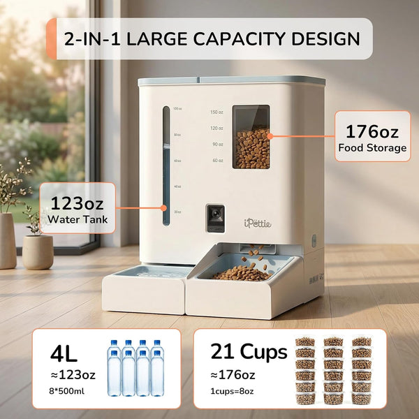 Ipettie Camera Automatic Cat Feeder and Water Dispenser, 5G/2.4Ghz Wifi | 2K HD Video, Night Vision, APP Scheduling & Alerts, 1 Filter Included, 300Oz Large Capacity for 2 Weeks, FW54 Camera Version4