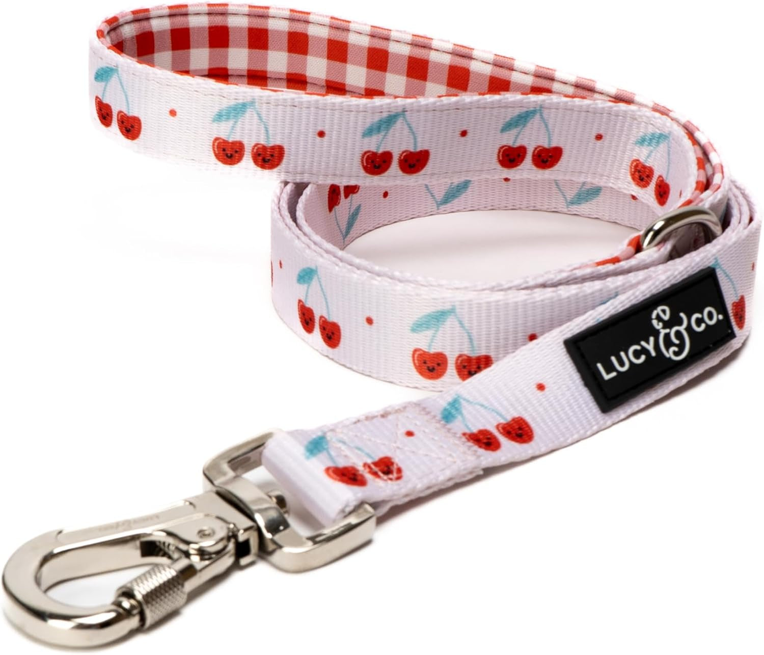 lucy-co-cheery-cherries-designer-dog-leash-for-small-to-large-dogs-padded-handle-for-comfort-large-red-gingham-cherries-5-foot