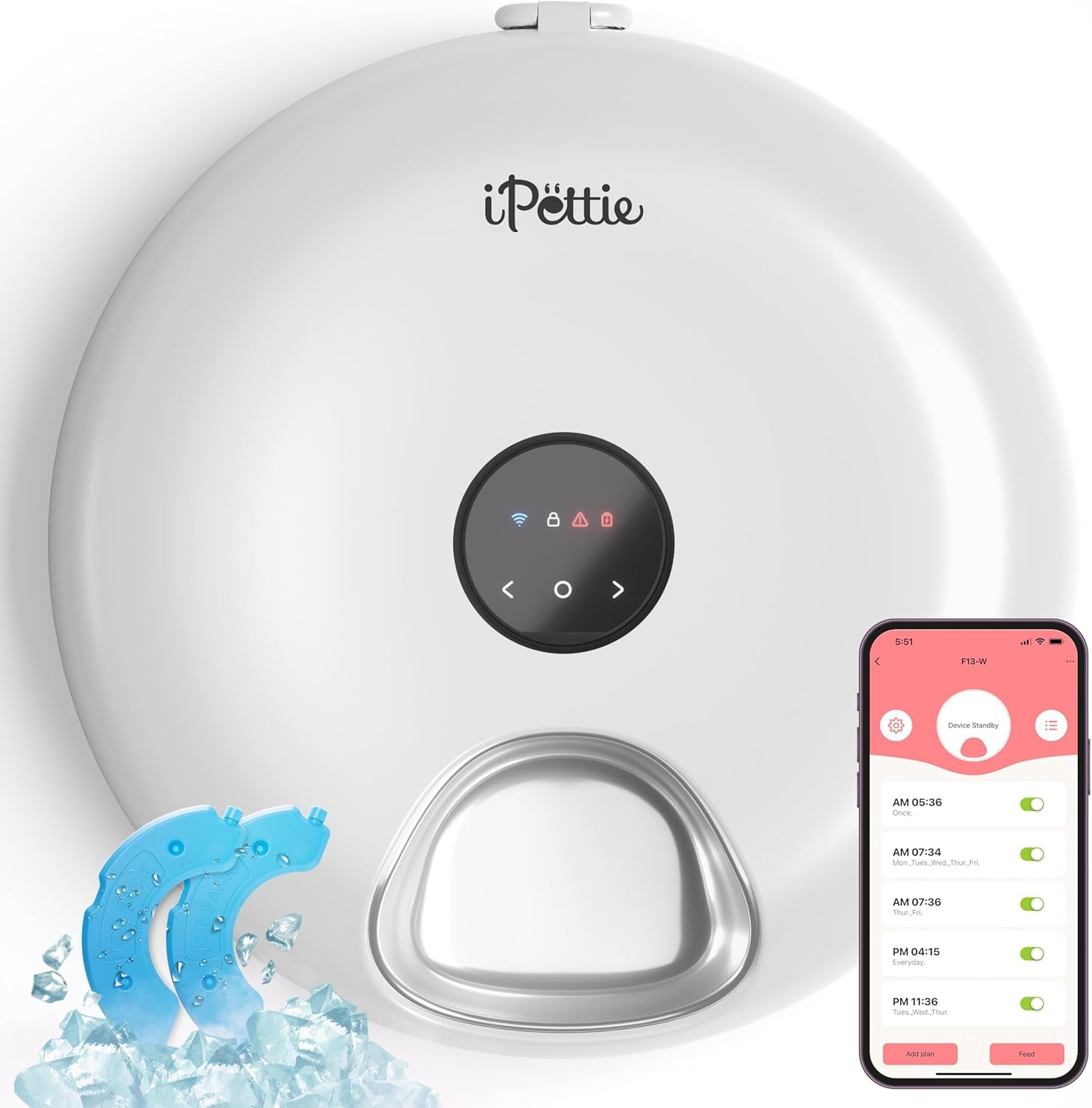 ipettie-donut-frost-wifi-6-meal-automatic-wet-food-feeder-with-ice-packs-stainless-steel-tray-version-app-control-programmable-timer-for-senior-and-weak-pets-holds-6-x-lb-of-food-white
