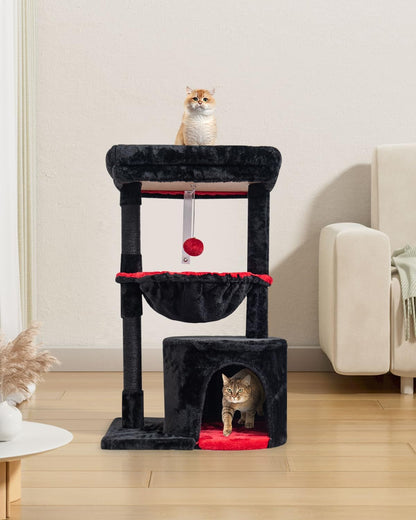 SYANDLVY Gothic Cat Tree with Coffin Bed for Indoor Cats, Modern House | Small Activity Tower with Scratching Post, Condo & Cradle, Kittens Cave, Black & Red5
