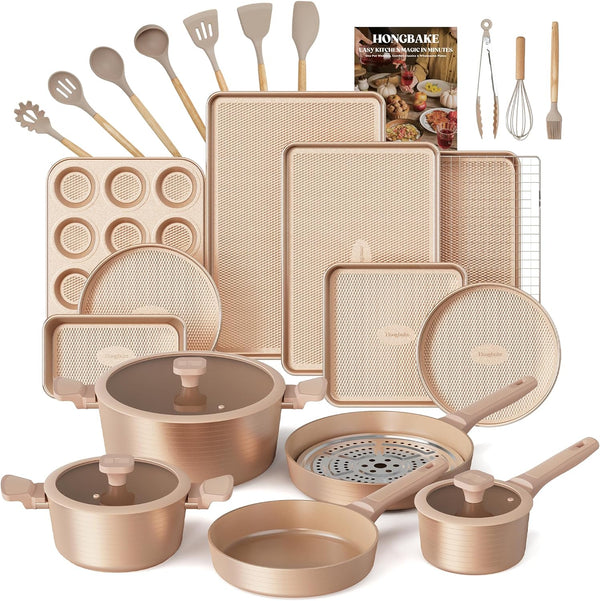 Pots and Pans Set Nonstick, 26 Pcs All-In-One Kitchen Starter Set with Cookware, Bakeware & Silicone Utensils, Non Toxic Ceramic Coating, Induction & Oven Safe, PFOA PFOS Free, Gold1