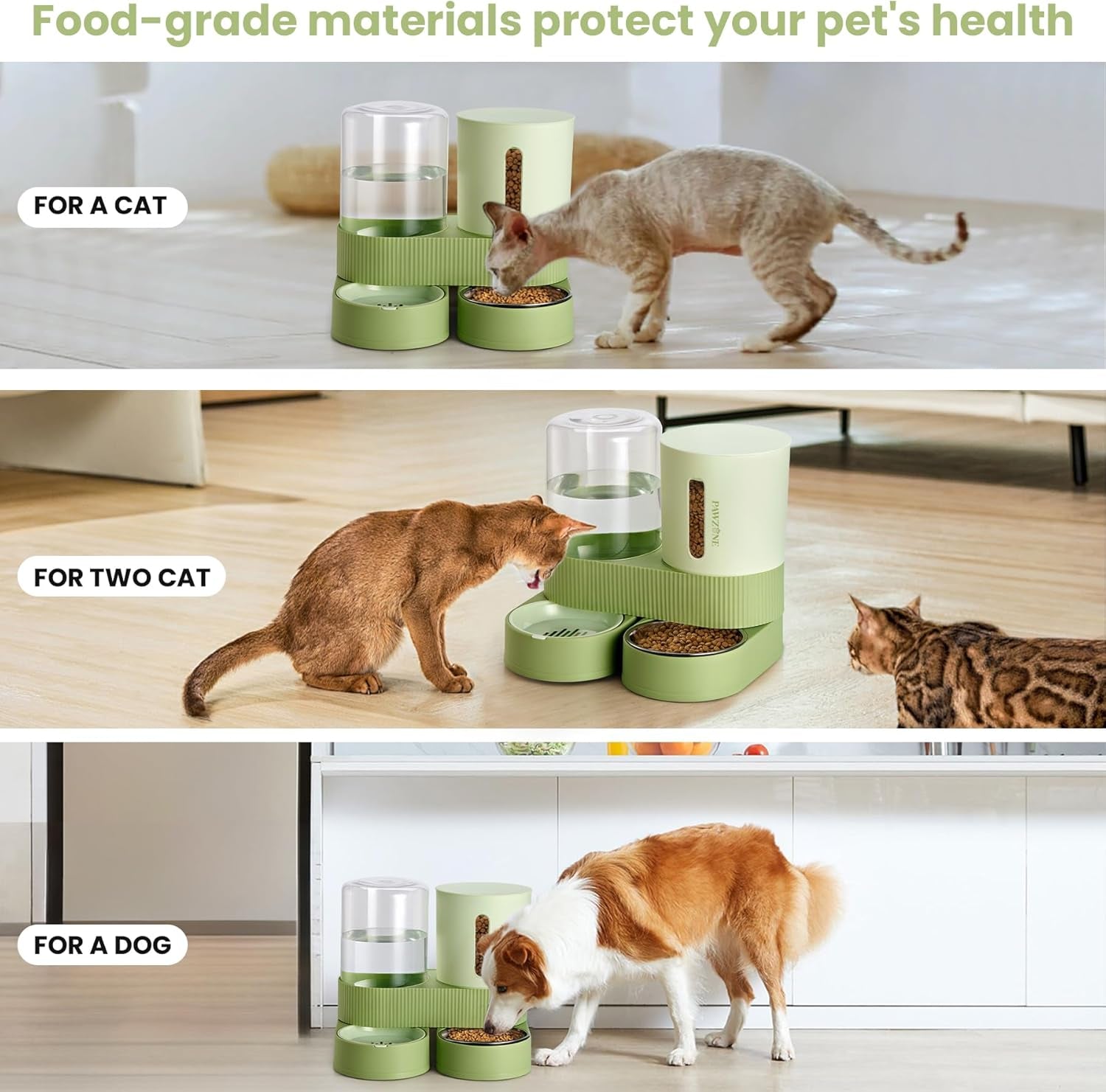 automatic-cat-feeder-stainless-steel-water-dispenser-gravity-food-feeder-and-waterer-set-with-pet-food-bowl-for-small-medium-kitten-puppy-pets-large-capacitygreen