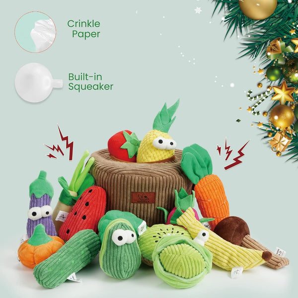 Nocciola Squeaky Fruits Veggies Stuffed Dog Toys Pack- Hide Seek Grocery Basket Crinkle Plush Puppy Toys to Keep Busy, Birthday Pet Supplies Gifts for Small Medium Breeds3