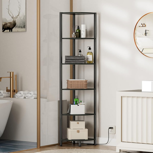 6 Tier Corner Shelf with LED Light, 67.5" Black Narrow Bookshelf | Tall Standing Shelf Organizer, Storage Rack for Wall Corner, Living Room, Bedroom, Metal Frame, Wood Display Shelf5