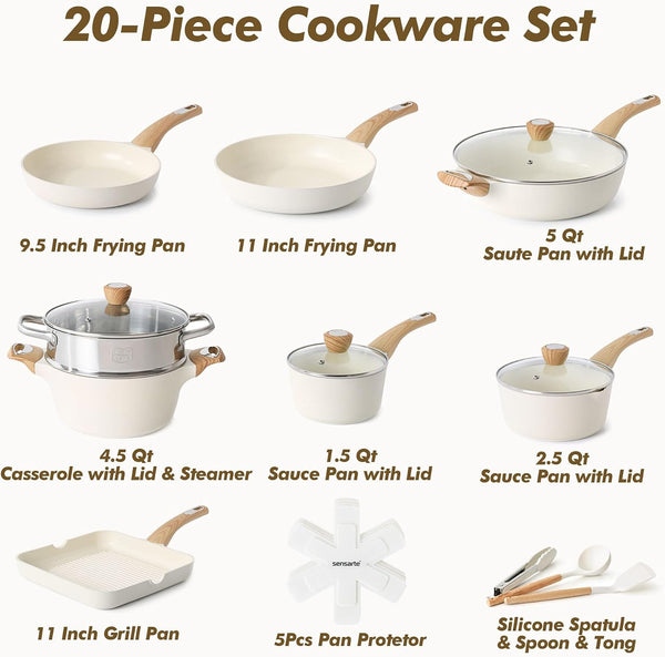 Ceramic Cookware Sets, Pots and Pans Set Nonstick, 20-Piece Induction Cookware, Non-Toxic Healthy Non Stick Kitchen Cooking Set with Stay-Cool Handles, PFAS PTFE PFOA PFOS Free3
