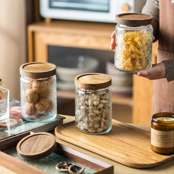 Vintage Glass Kitchen Storage Counter Jar, Kitchen and Pantry Glass Storage, with Airtight Wood Lid for Cookies, Candy, Coffee Tea Beans, Grains,Food Storage Containers (Plum-Pattern*2)3