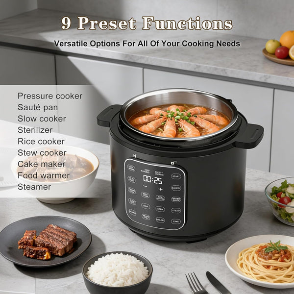 6Qt Pressure Cooker, 9-In-1, 12 Presets IMD Touchscreen, Safe Vent, Multi-Mode: Slow Cook, Rice Cook, Steam,Dual Inner Pots (Stainless Steel & Non-Stick),1000W,Black3