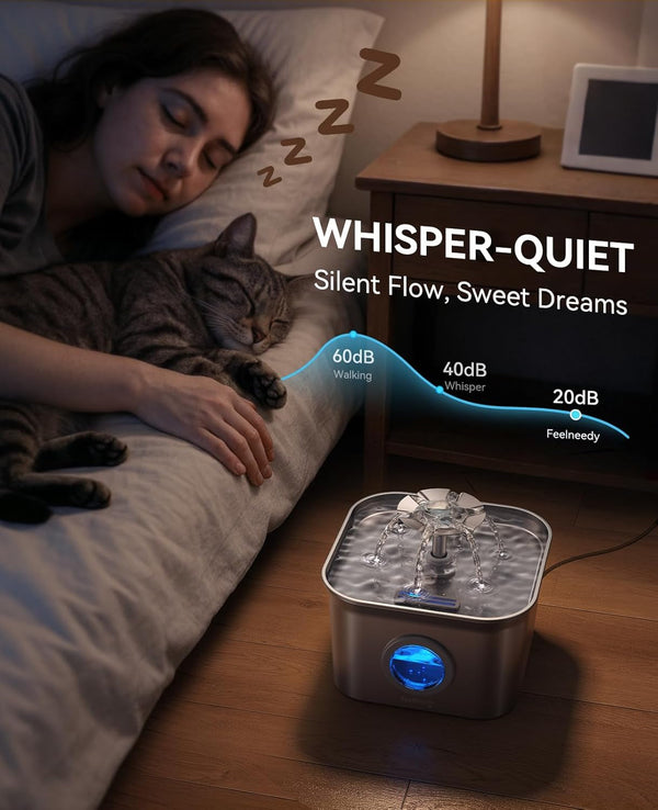 Stainless Steel Cat Water Fountain, 2.8L with 20Db Ultra-Quiet Pump- Ideal for Timid Pets, LED Water Level Window, Dishwasher Safe, 24/7 Circulation- Includes 3 Replacement Filters4