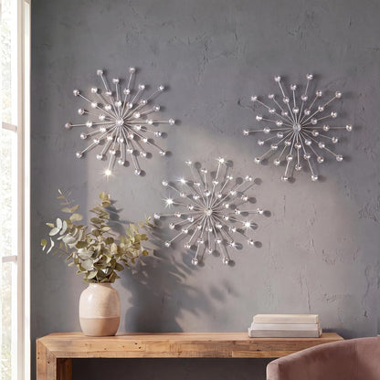 3 Set Silver Starburst Wall Art for Home Decor Metal Bling Crystal Rhinestones Sunburst Wall Decor Sparkling Rhinestone Art Accent Silver - 13In1