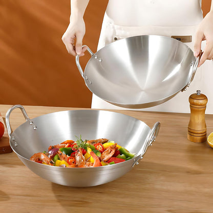 Stainless Steel Wok round Bottom Frying Pan Double Handle Heated Evenly Portable Cookware Traditional Tableware Cooking Pot Wok for Kitchen Outdoor,38Cm6