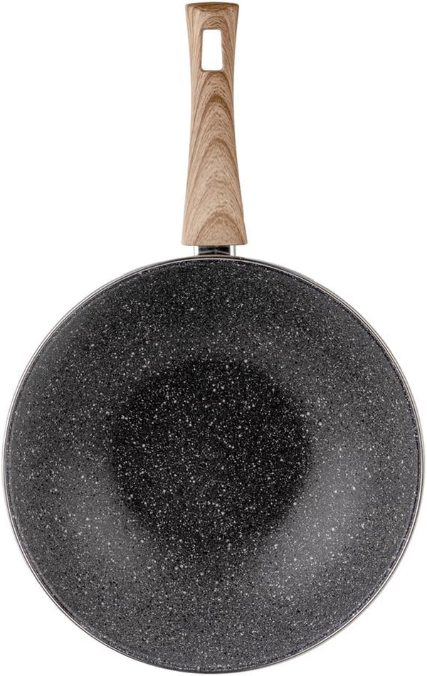 Nonstick Wok Pan 11 Inch Enamel Steel Gray | Induction Compatible, All Stovetop Ready, Even Heat Cooking, Wood-Look Handle, Lightweight Design, Easy Cleanup2