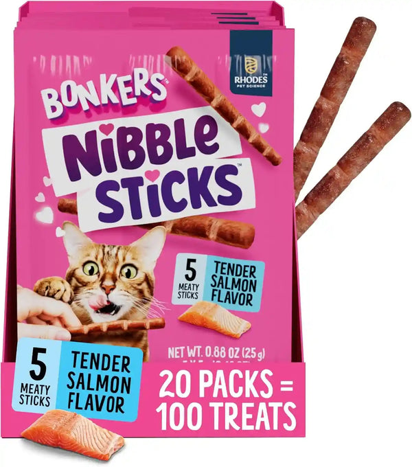 Bonkers Nibble Sticks Soft & Meaty Tender Salmon Flavor Cat Treats, 5 Sticks (Pack of 20)1