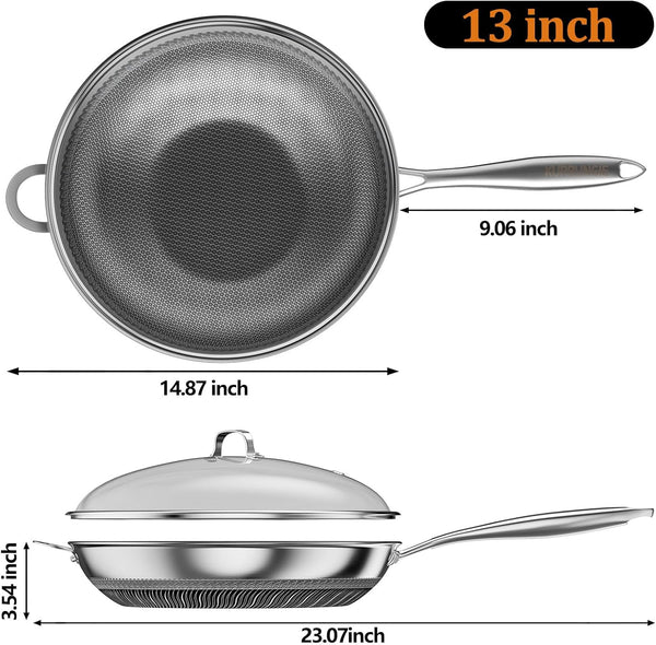Wok Pan, 13 Inch Hybrid Woks & Stir-Fry Pans Nonstick, Non Toxic 5-Ply Stainless Steel Wok Pan with Lid, Laser Etched Surface, Works on All Stoves, Dishwasher & Induction Safe, PFOA Free2