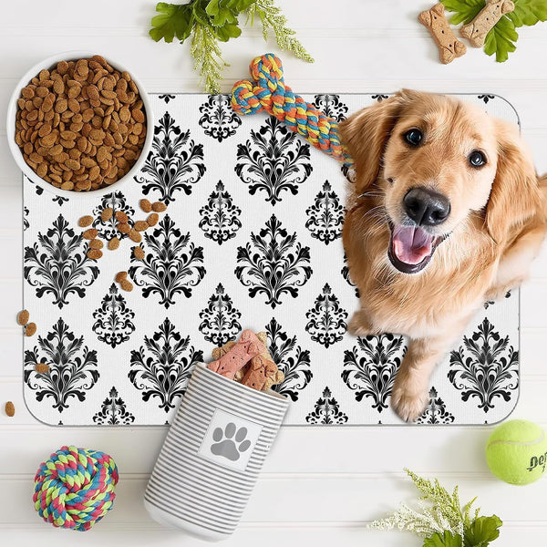 Vintage Damask Flower Dog Cat Food Mat,White Black Floral Absorbent Pet Feeding Mat for Food and Water,Non-Slip Dog Bowl Mats Floor Protector 12"X20"7
