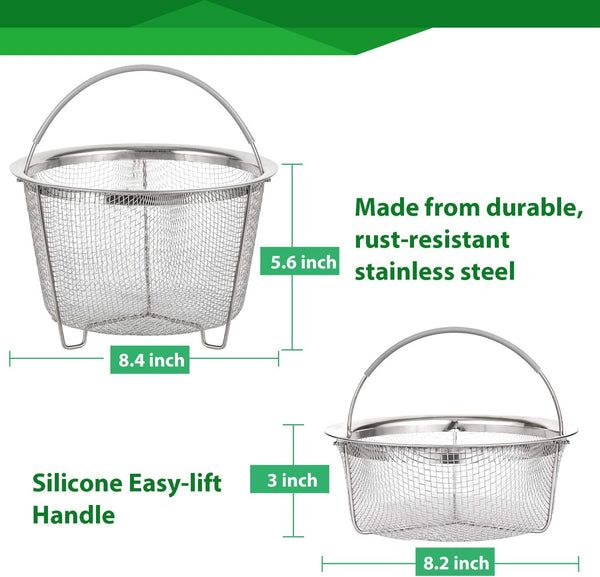 Steamer Basket for Instant Pot Accessories 6 Qt or 8 Quart - 2 Tier Stackable 18/8 Stainless Steel Mesh - Silicone Handle - Vegetable Steamer Insert, Egg Basket, Pasta Strainer,Silver4