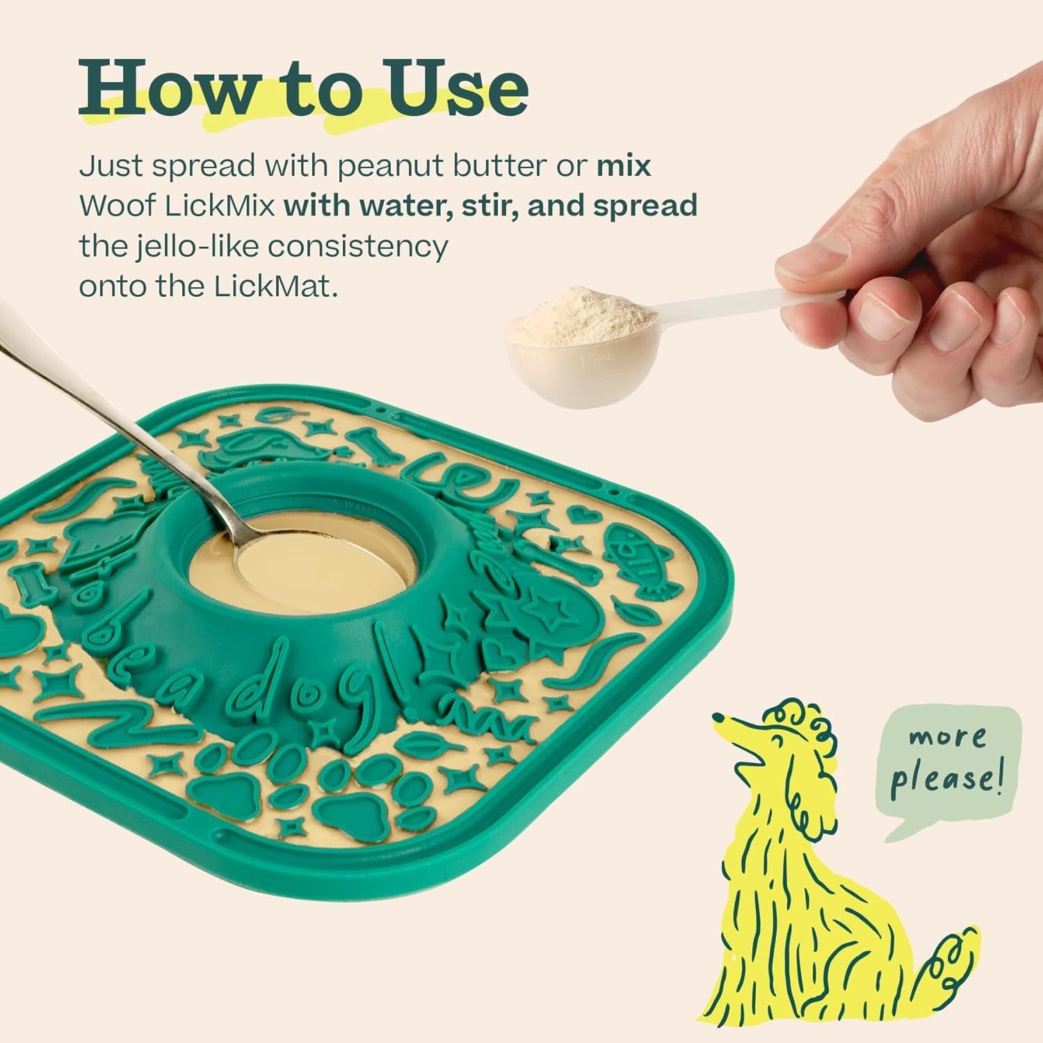 woof-lickmat-slow-feeder-mat-for-dogs-green-built-in-mixing-bowl-bpa-free-silicone-non-slip-suction-cups-dishwasher-safe-easy-to-clean