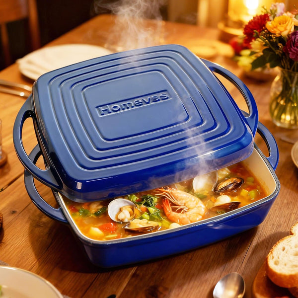 2-In-1 Square Enameled Cast Iron Dutch Oven 7QT Baking Pan and Gridle Lid with Dual Handles, Cast Iron Skillet Lid, Coating Gridle for Baking, Braising and Grilling - Blue5