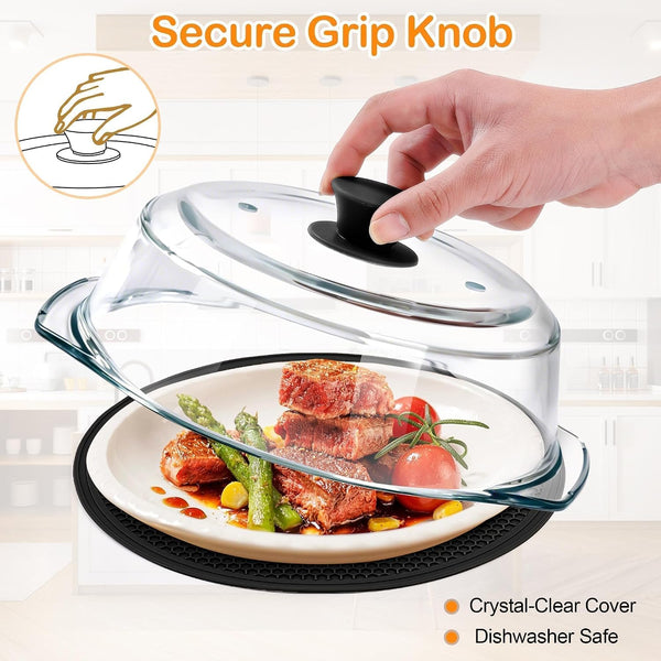 Glass Microwave Splatter Cover for Food with Microwave Place Mat - Sturdy Plate Guard Lid with Vent Holes and Easy-Grip Silicone Handle - BPA Free, Dishwasher Safe (Black)7