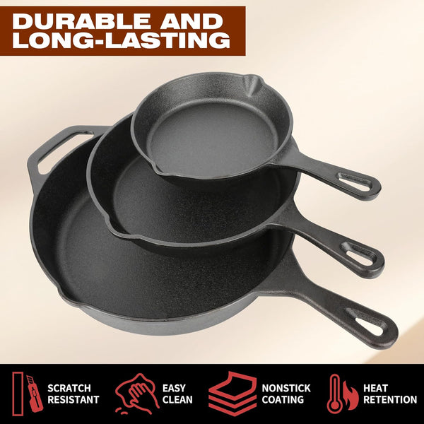 Cast Iron Skillet 3-Piece Set, 6", 8", 10" Frying Pans, Heavy-Duty Pre-Seasoned Pan Cookware Set, for Frying, Saute, Cooking, Pizza & More, Black3