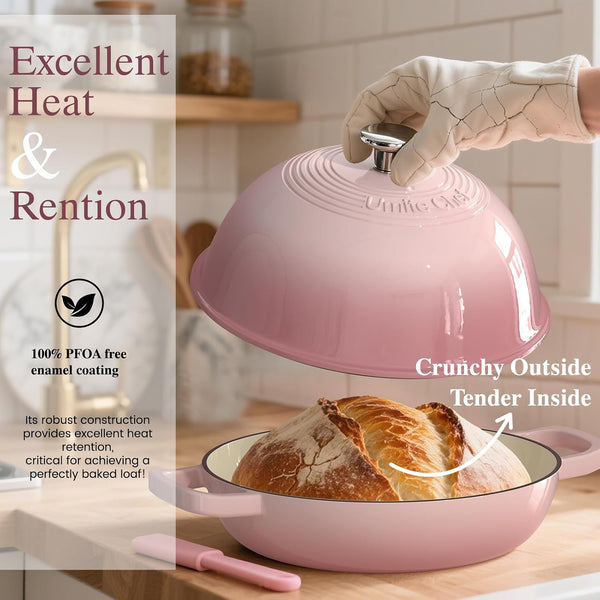 Cast Iron Dutch Oven Pot with Lid, round Bread Oven for Sourdough Bread Baking,  Enameled Cast Iron Bread Oven with Dome Lid & Cotton Potholders for Sourdough, Pink, 6 Quarts4