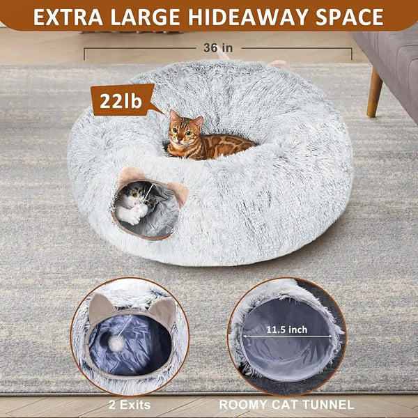 Cat Tunnel with Cat Bed for Indoor Cats, under Christmas Tree Soft Plush Peekaboo Cat Cave Donut Tunnel, Multifunctional Playground Toys Hideplace for Kittens, Rabbit, Ferret (Grey)5