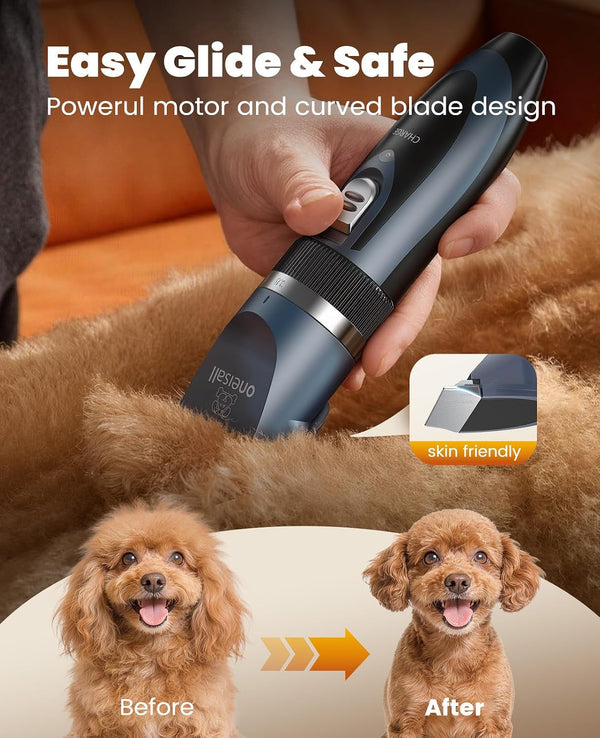Oneisall Dog Clippers and Paw Trimmer Grooming Kit | Low Noise, Powerful Motor, 3-In-1 Dog Trimmers+Nail Grinder, Long-Lasting Battery&Cordless, for Small Medium Large Dogs3