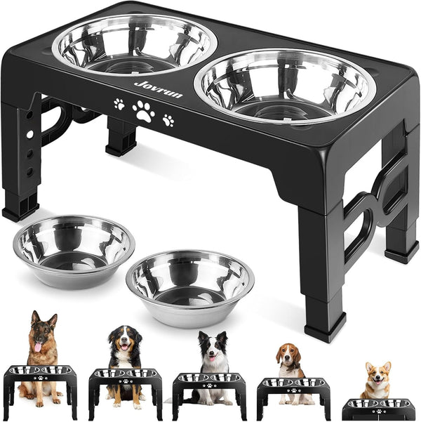 Jovrun Elevated Dog Bowls for Medium Large Size Dogs, Non-Slip Dog Feeder with 1*Stainless Steel Dishes & 1*Slow Feeder Bowl, 5 Heights Adjustable Raised Bowls to 3.15″-8.66″-9.84″-11.02″-12.2″10