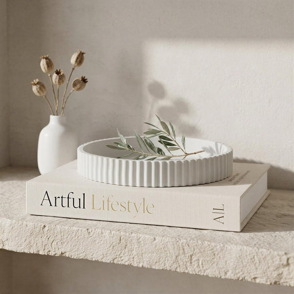 Decorative Concrete Tray & Book Decor Set - Scalloped Tray & Linen Box | Enhances Your Coffee Table or Bookshelf Decor - Stylish Home Decoration for the Living or Dining Room and Housewarming Gift9