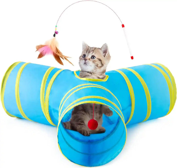 Tempcore Pet Cat Tunnel Tube Toys 3 Way Collapsible, Tunnels for Indoor Cats, Interactive Tube with Teaser Wand, Peek Holes & Hanging Ball, Black & Blue38