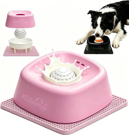 Slow Feeder Dog Bowls for Liquid with Rolling Ball, Interactive Lick Bowl Licking Slow Feeder for Wet Food, Water & Treats Lick Toy for Dogs Cats (Pink)1