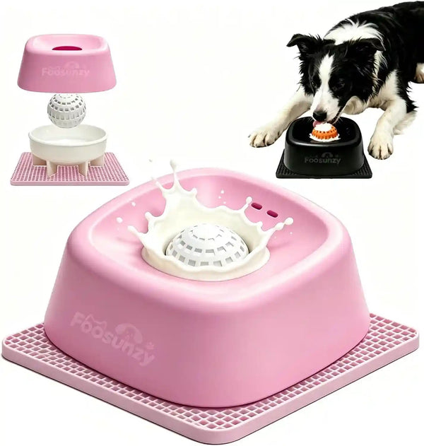 Slow Feeder Dog Bowls for Liquid with Rolling Ball, Interactive Lick Bowl Licking Slow Feeder for Wet Food, Water & Treats Lick Toy for Dogs Cats (Pink)1