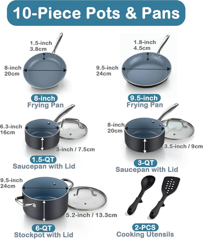 Classic Pots and Pans Nonstick Ceramic Kitchen Cookware Sets Include Saucepan, Frying Pans, Stockpot with Lids, Nylon Utensils, Heavy Gauge, 10-Piece, Black2