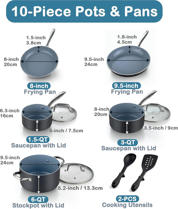 Classic Pots and Pans Nonstick Ceramic Kitchen Cookware Sets Include Saucepan, Frying Pans, Stockpot with Lids, Nylon Utensils, Heavy Gauge, 10-Piece, Black2