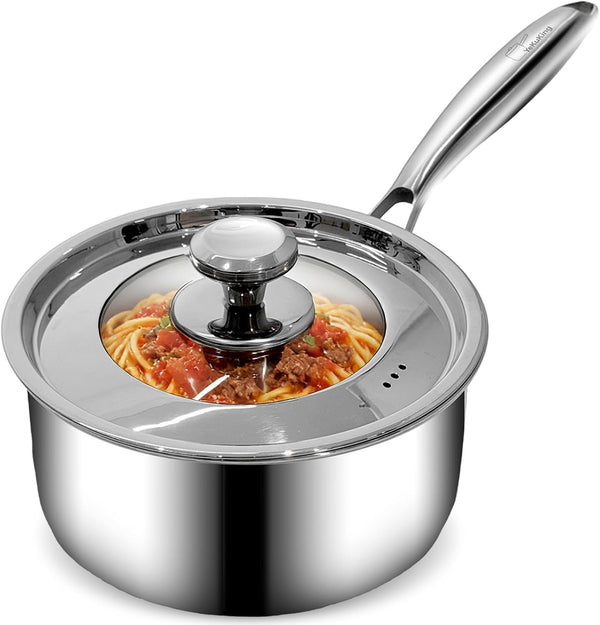 3.5 QT Tri-Ply Stainless Steel Saucepan with Visible Lid Small Pot Sauce Pan for Cooking Milk Noodle Pasta Soup Vegetable, Dishwasher Safe Induction Compatible(Detachable Handle)1