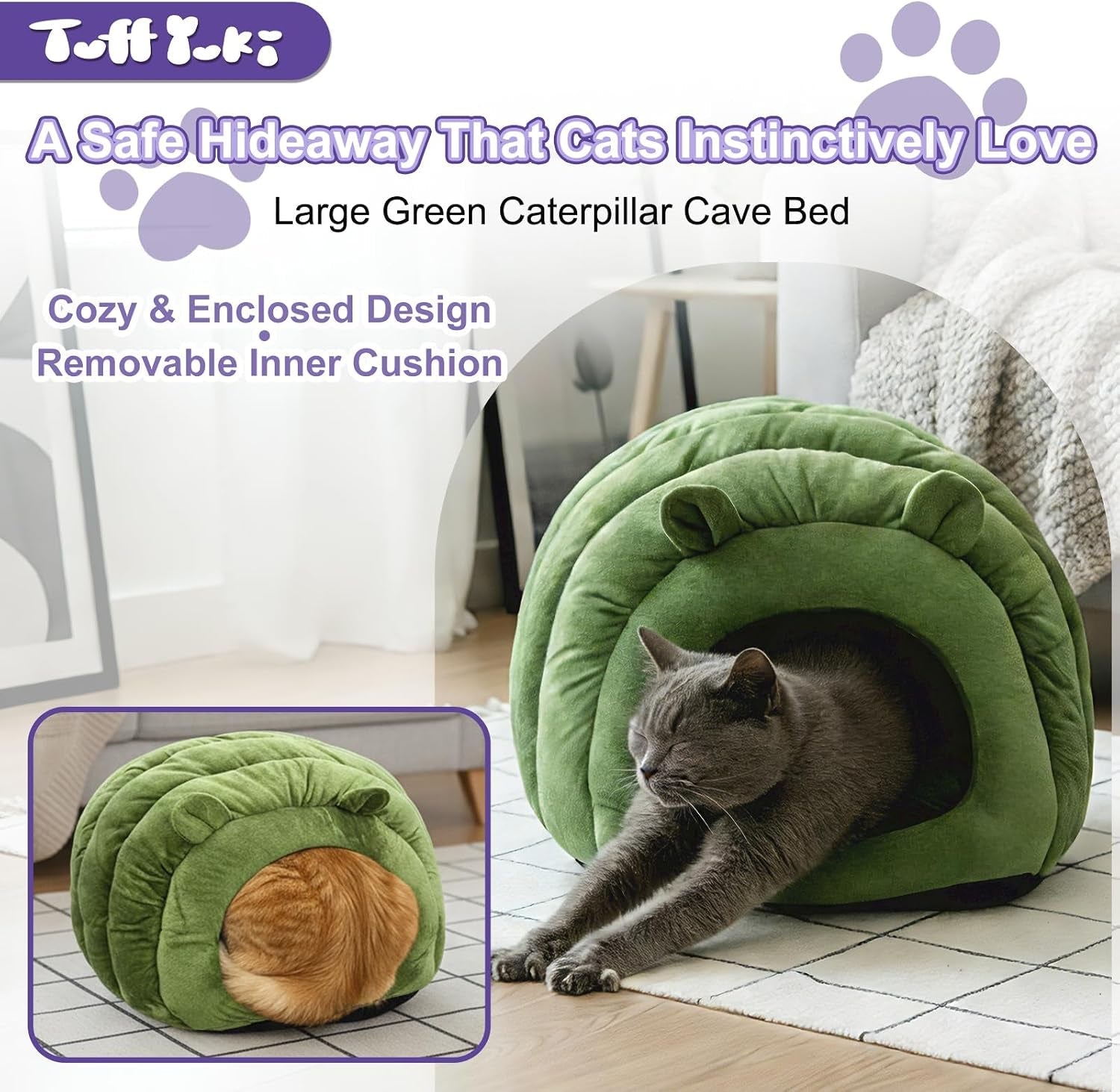 cat-cave-bed-orthopedic-memory-foam-anti-anxiety-cat-bed-for-indoor-cats-cozy-plush-caterpillar-tunnel-cat-bed-non-slip-pet-bed-fits-cats-up-to-15-lbs-green