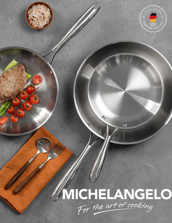 18/10 Stainless Steel Frying Pan Set, 8" / 9.5" / 11" Cooking Pans, Triply Base Stainless Steel Pan Set with Ergonomic Handle, Induction Compatible | 18/10 Stainless Steel Frying Pan Set with 3 Sizes and Triply Base for Even Heating, Versatile Everyday Cooking8