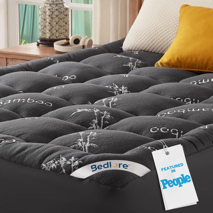 Queen Mattress Topper Viscose Bamboo, Thick Pillow Top Mattress Pad | Stretchable Pockets Fit 6”-18” Mattress, Soft Breathable Mattress Topper for Back Pain Relief and Hot Sleepers(Dark Gray)1