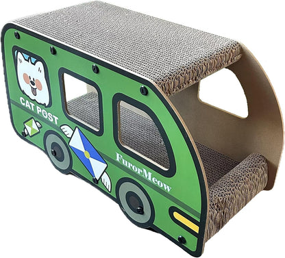 Cat Scratching House, Cat Cardboard House Green Bus, Long Scratching Post, 9X11.8X22 Inches, Fun Cube & Tunnel, Peekaboo Hideaway for Indoor Cats1