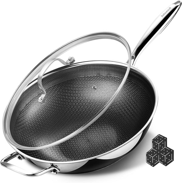 Hybrid 12Inch Wok with Lid, Stainless Steel Woks & Stir-Fry Pans Nonstick, Non Toxic, PFAS PFOA PTFE Free, Dishwasher and Oven Safe, Works on Induction1