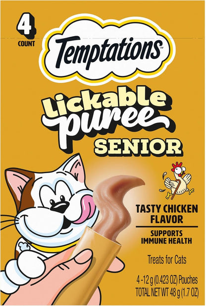 Temptations Lickable Puree Senior Cat Treats, Tasty Chicken, 4 Count, 11Pk | Vitamin E Supports Immune Function, High Moisture for Senior Hydration, Soft & Easy to Eat, under 15 Cal per Pouch1