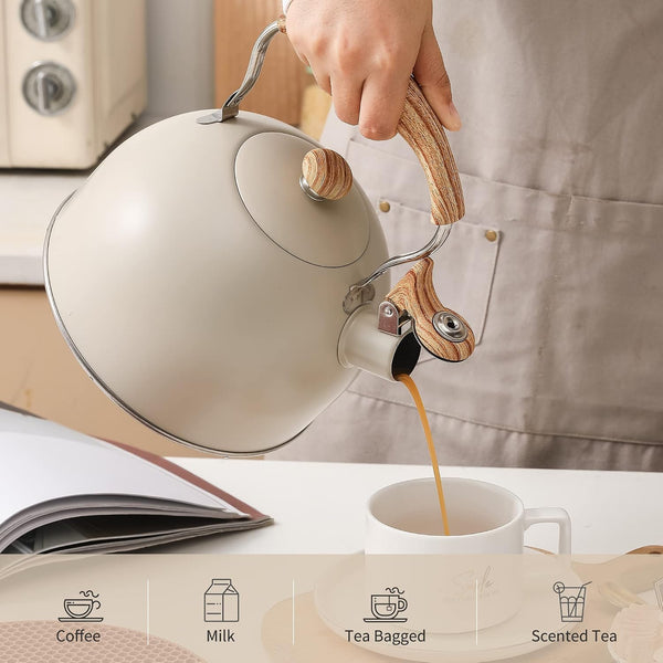 Tea Kettle for Stove Top | 2.5 Quart Whistling Tea Kettle, with Food Grade Stainless Steel and Wood Pattern Folding Handle, Creamy White4
