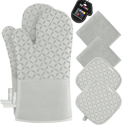 Oven Mitts and Pot Holders 6Pcs Set, Kitchen Oven Glove High Heat Resistant 500 Degree Extra Long Oven Mitts and Potholder with Non-Slip Silicone Surface for Cooking （Greenish Gary）1