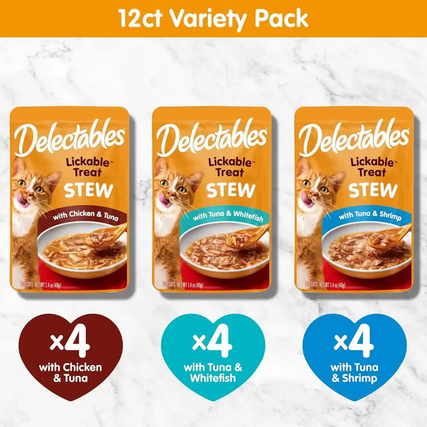 Delectables Lickable Treat Stew Wet Cat Treat Variety Pack, Food Topper, Hydrating, Grain-Free, No Fillers, No By-Products, No Added Preservatives, 1.4Oz Pouch, 12Ct6