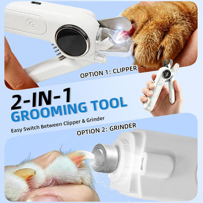 2-In-1 Dog Nail Clippers & Grinder with LED Light, Quiet Electric Pet Nail Trimmer for Small Medium Large Dogs & Cats, 3 Speeds, USB Rechargeable, Quick Sensor, Safety Lock & Splash Guard (White)2