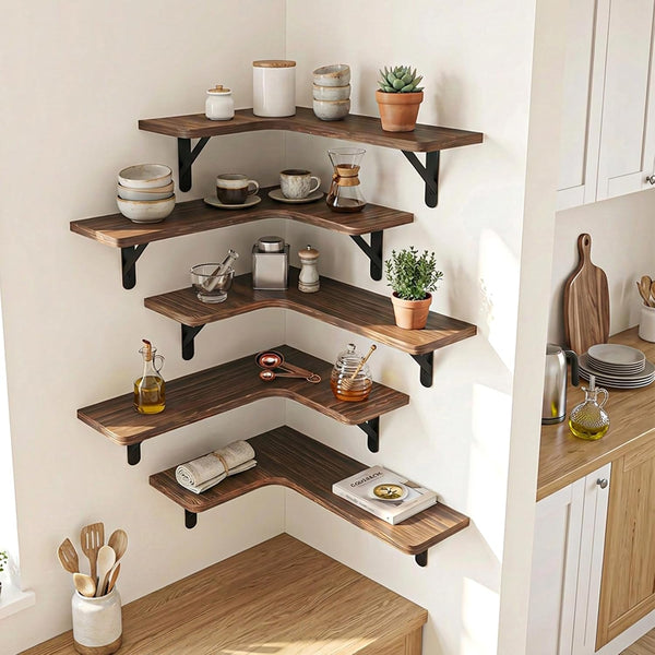 Conner Floating Shelves for Wall Decor, Dark Carbonized Black 5Pcs | Solid Wood Shelf with Metal Brackets, Holds 40 Lbs. Optimizes Corner Storage. Fits Bathroom, Kitchen, Bedroom & Living Room.7